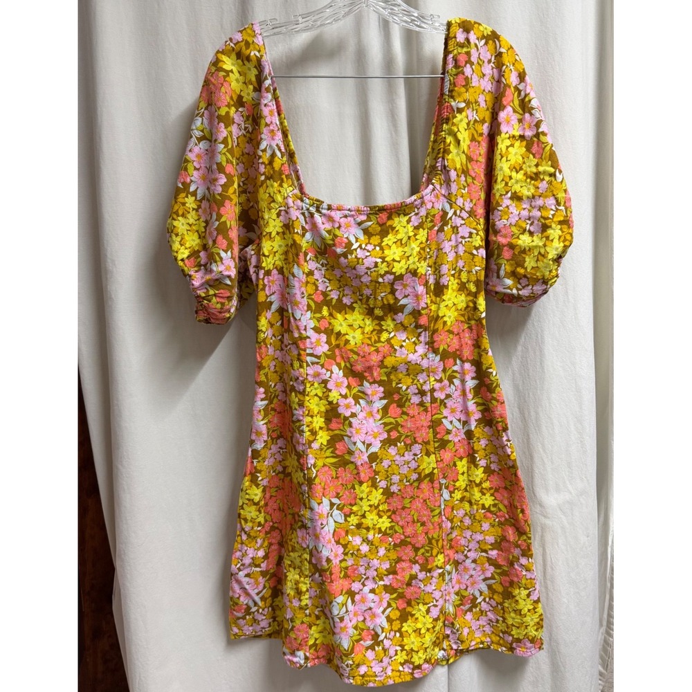 Billabong Floral Puff Sleeve Mini Dress Yellow Pink Brown Retro Smocked Back L